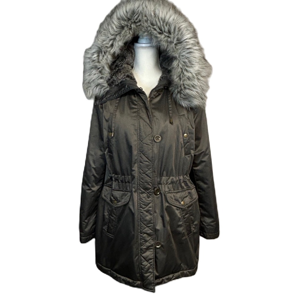 Apt 9 Metallic Faux Fur Parka Coat Women M Taupe Gray Cabincore Winter Outdoors